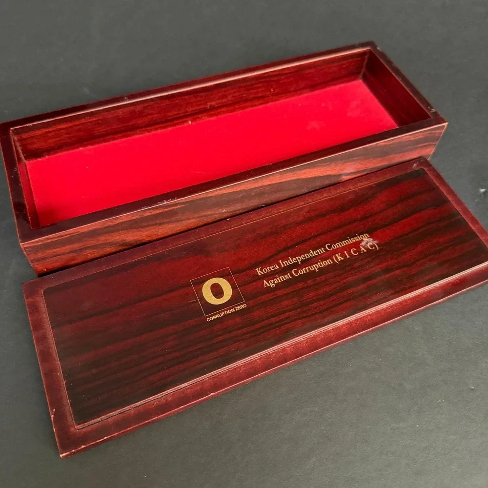 Vintage Korean Inlay Wood Box KICAC‎ Duck/Crane Marquetry Red Velvet RARE